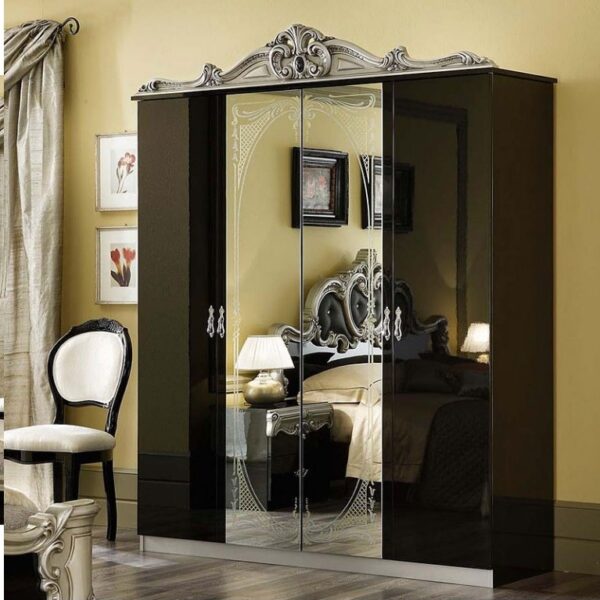 Barocco – Italian 4 Door Wardrobe – High Gloss Black and Silver